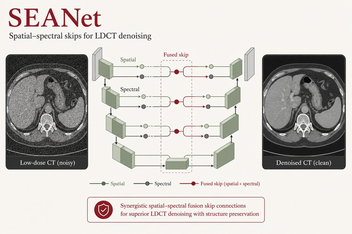 SEANet: Rethinking Skip-Connections Design in Encoder-Decoder Networks via Synergistic Spatial-Spectral Fusion for LDCT Denoising